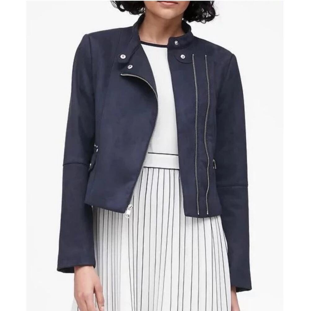 Banana Republic Jacket Womens Medium Petite Navy Blue Faux Suede Moto Zip New